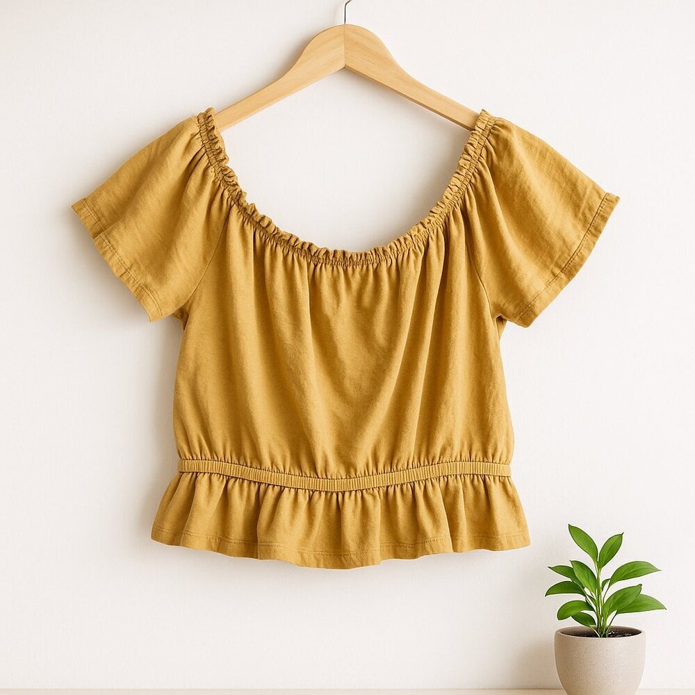 American Eagle Peasant Embroidered Top Mustard Cotton Size M Boho - Picture 9 of 9